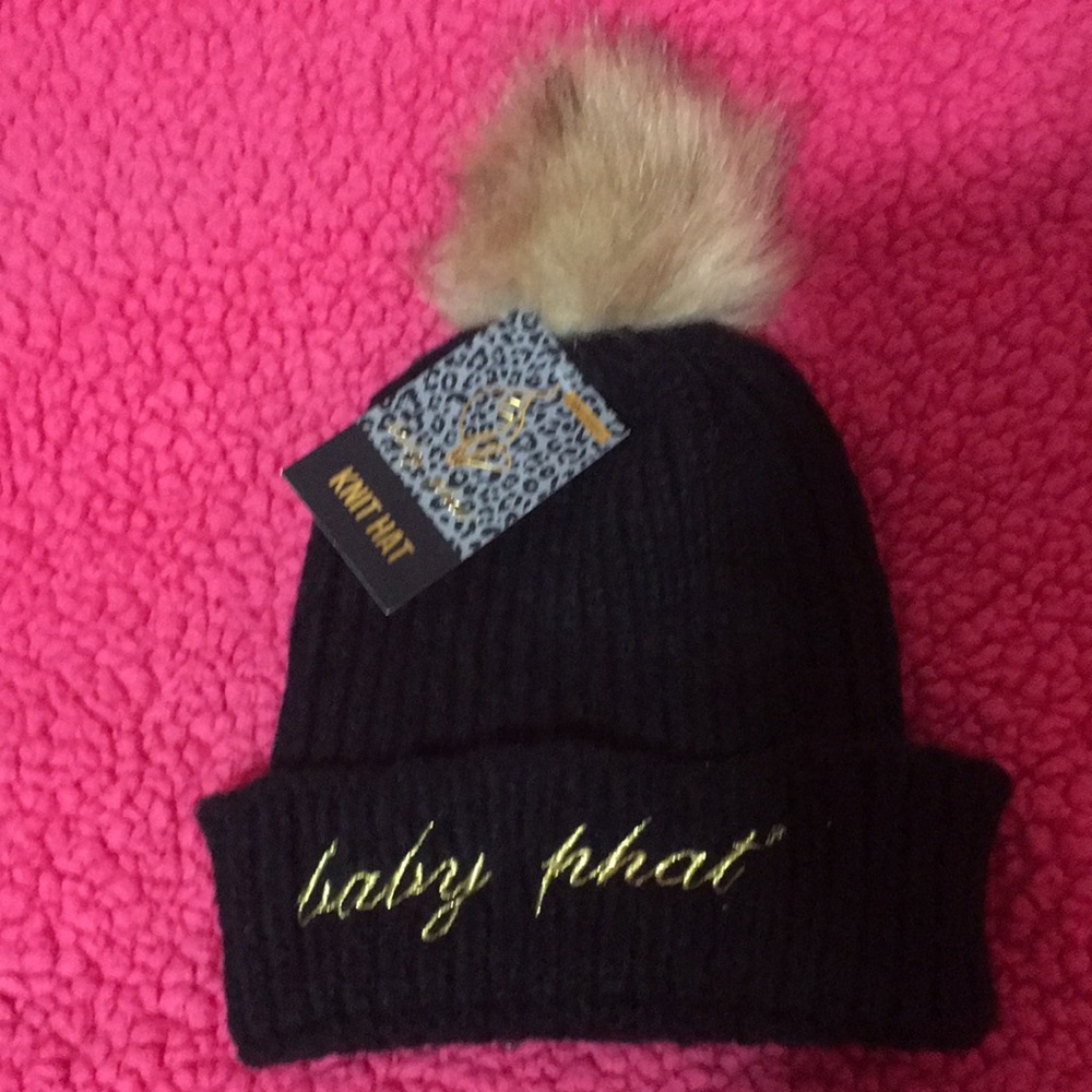 Baby Phat Black Knit Beanie with Faux Fur Pom for women.